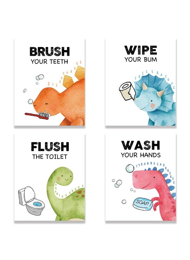FALJIOK Funny Dinosaur Bathroom Decor, Fun Gag Brush Flush Wipe Wash Wall Art Prints Decorations for Nursery Bathroom, Dinosaur Posters for Son Daughter Set of 4(8" x 10") Unframed - Image 1